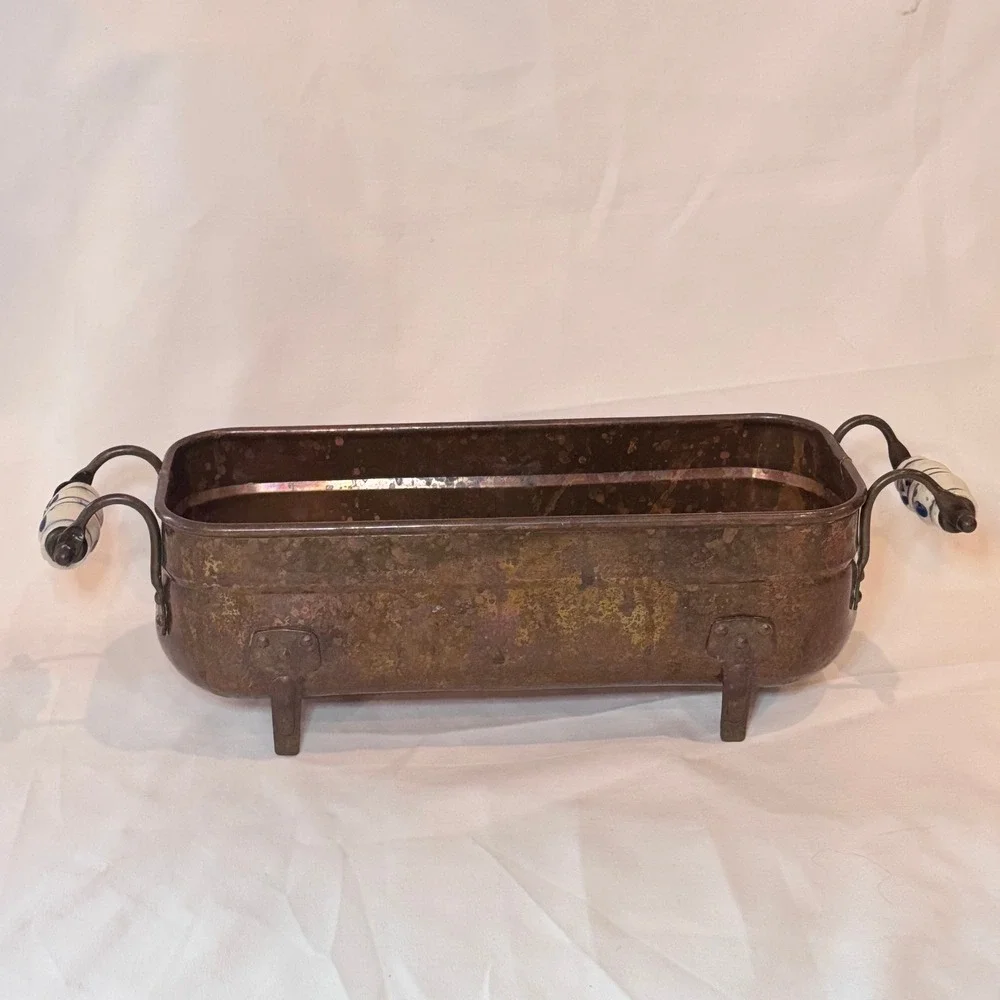 Vintage‎ Footed Copper Brass Jardiniere Planter Pot Delft Porcelain Handles Farm